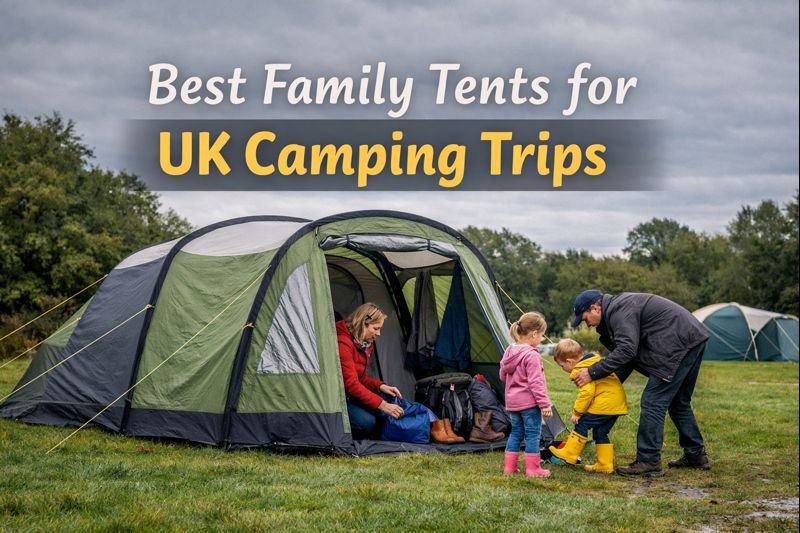 Family tent with living area set up on a UK campsite for a weekend camping trip with children