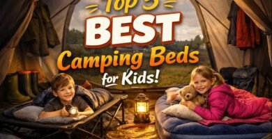 Children sleeping on camping beds inside a family tent during a UK camping trip