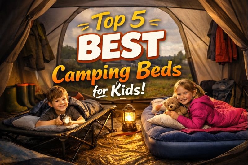 Children sleeping on camping beds inside a family tent during a UK camping trip