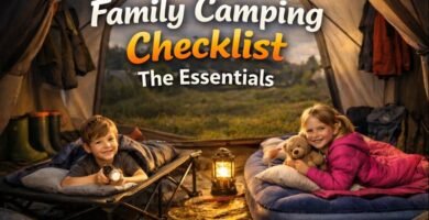 Family camping checklist image showing children settling into beds inside a tent on a UK campsite