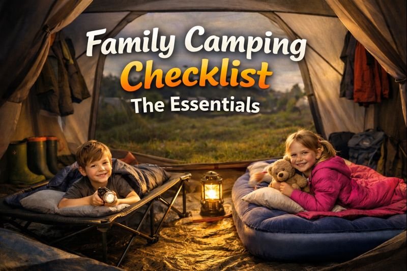 Family camping checklist image showing children settling into beds inside a tent on a UK campsite