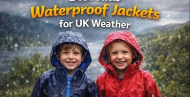 Children wearing waterproof jackets in rainy UK weather during an outdoor walk