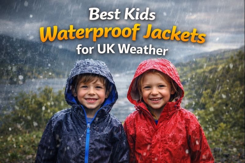 Children wearing waterproof jackets in rainy UK weather during an outdoor walk