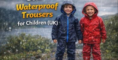 Children wearing waterproof trousers and jackets in rainy UK weather during an outdoor walk