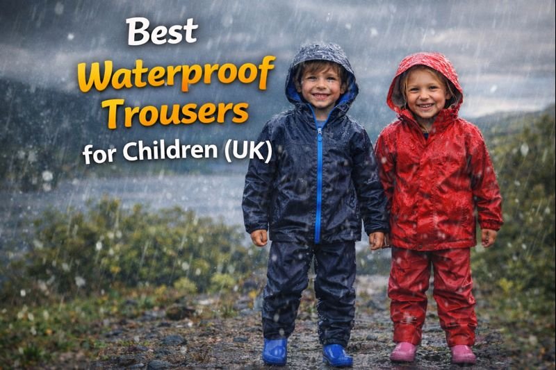 Children wearing waterproof trousers and jackets in rainy UK weather during an outdoor walk