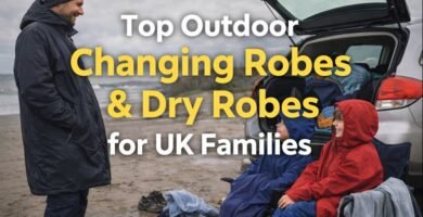 Children wearing outdoor changing robes beside a car on a UK beach after a cold, wet day