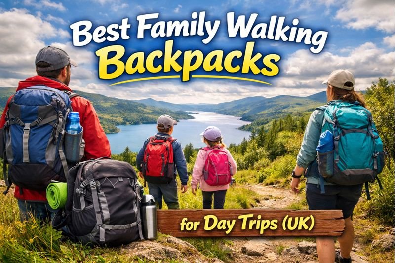 Family walking along a scenic UK trail wearing backpacks during a day trip