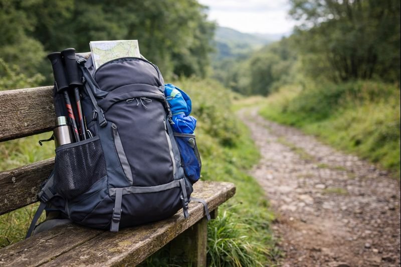 Packed walking backpack resting on a bench beside a countryside path in the UK