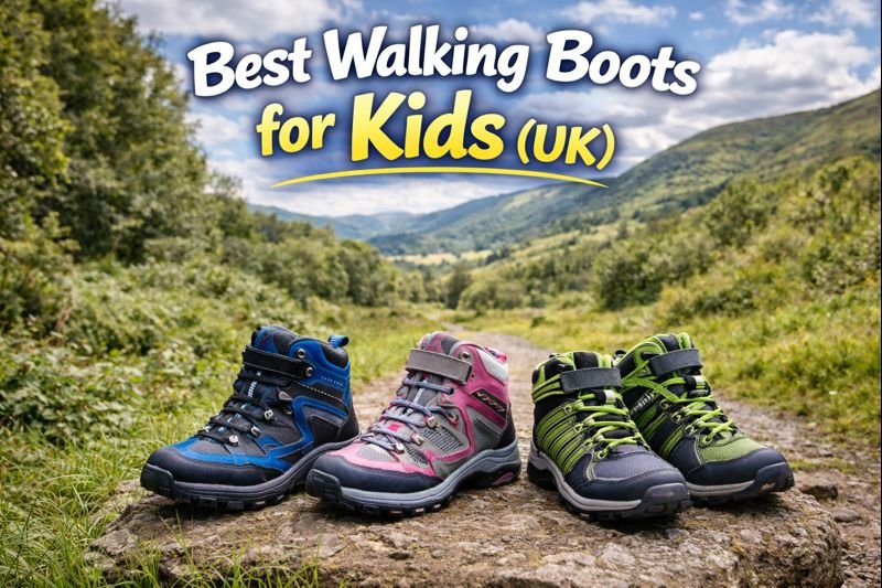 Children’s walking boots displayed on a countryside trail for a UK family walking guide