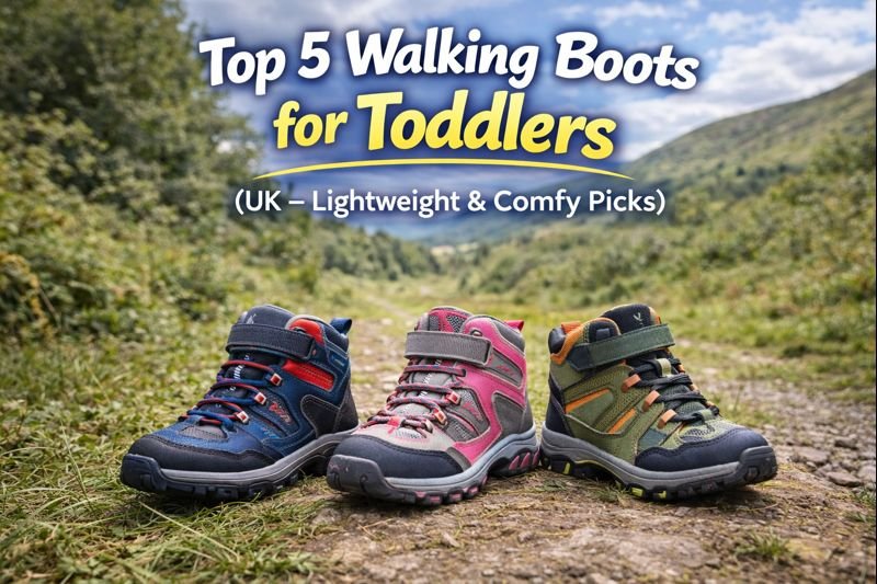 Three pairs of toddler walking boots on a countryside path for a UK family walking guide