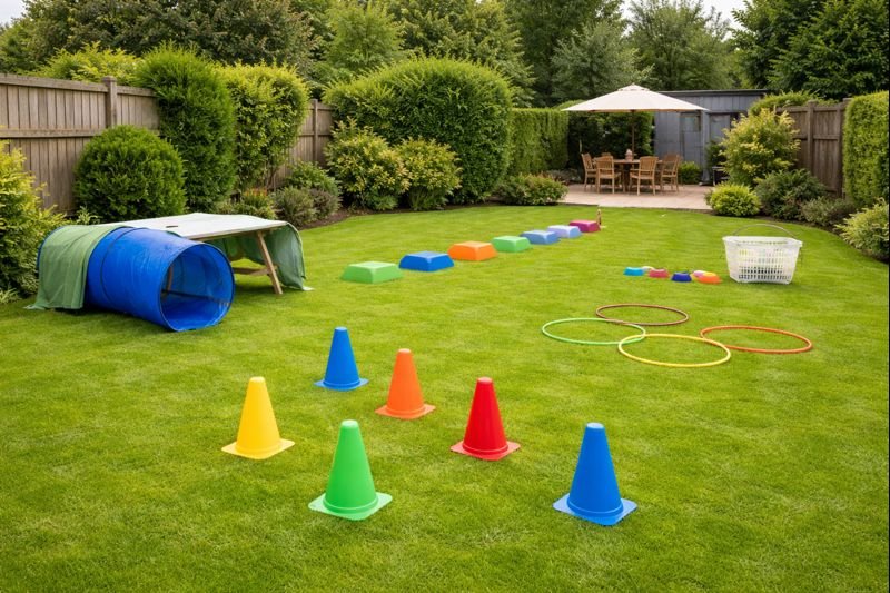 Clean UK back garden set up with a homemade children’s obstacle course using cones, stepping stones, hoops, and a play tunnel