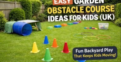 Garden obstacle course setup for kids in a clean UK back garden with cones, stepping stones, hoops and play tunnel