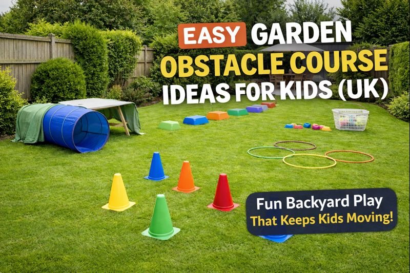 Garden obstacle course setup for kids in a clean UK back garden with cones, stepping stones, hoops and play tunnel