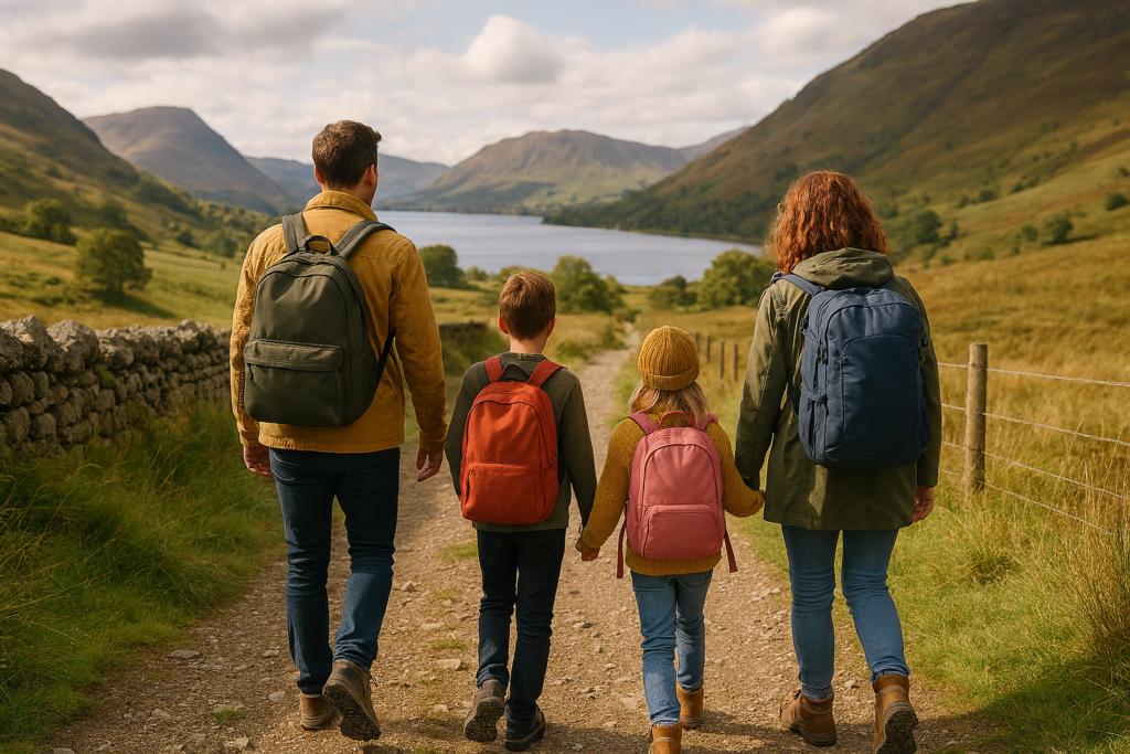 A family of 3–4 walking a well‑known UK‑style trail (think Lake District, Peak District, Scottish lochs, or a coastal path)