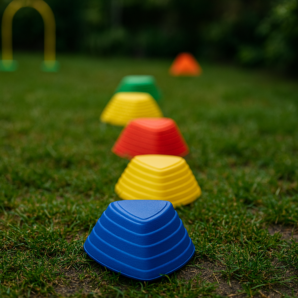close up view of kids toy stepping stones in garden on dampgrass with blurred background
