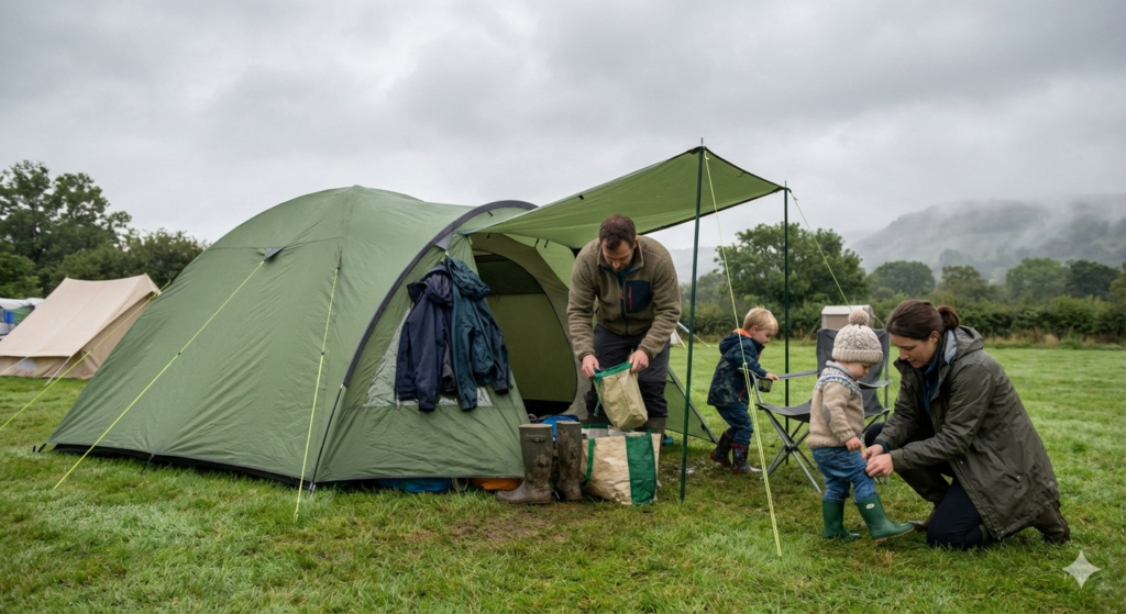 A realistic UK family camping scene on a grassy campsite. A medium-sized family tent with a small living area is pitched on a level pitch, with soft overcast skies typical of British weather. Two adults and two children are nearby — one adult calmly organising bags near the tent entrance, the other helping a child with wellies. The tent looks practical rather than luxury, with space for coats and shoes just inside the porch. Surroundings include trees, neighbouring tents in the distance, and damp grass suggesting recent rain. The overall mood is relaxed, organised, and reassuring — showing a manageable weekend camping setup rather than an adventure or survival scene.

