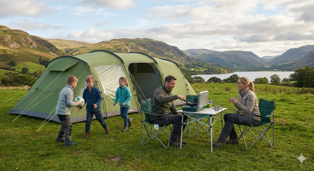 family on weekend camping trip in scottish mountains. husband and wife eating at camping table, kids playing 