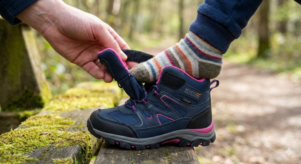 dad helping toddler put on hiking boots out in a forest