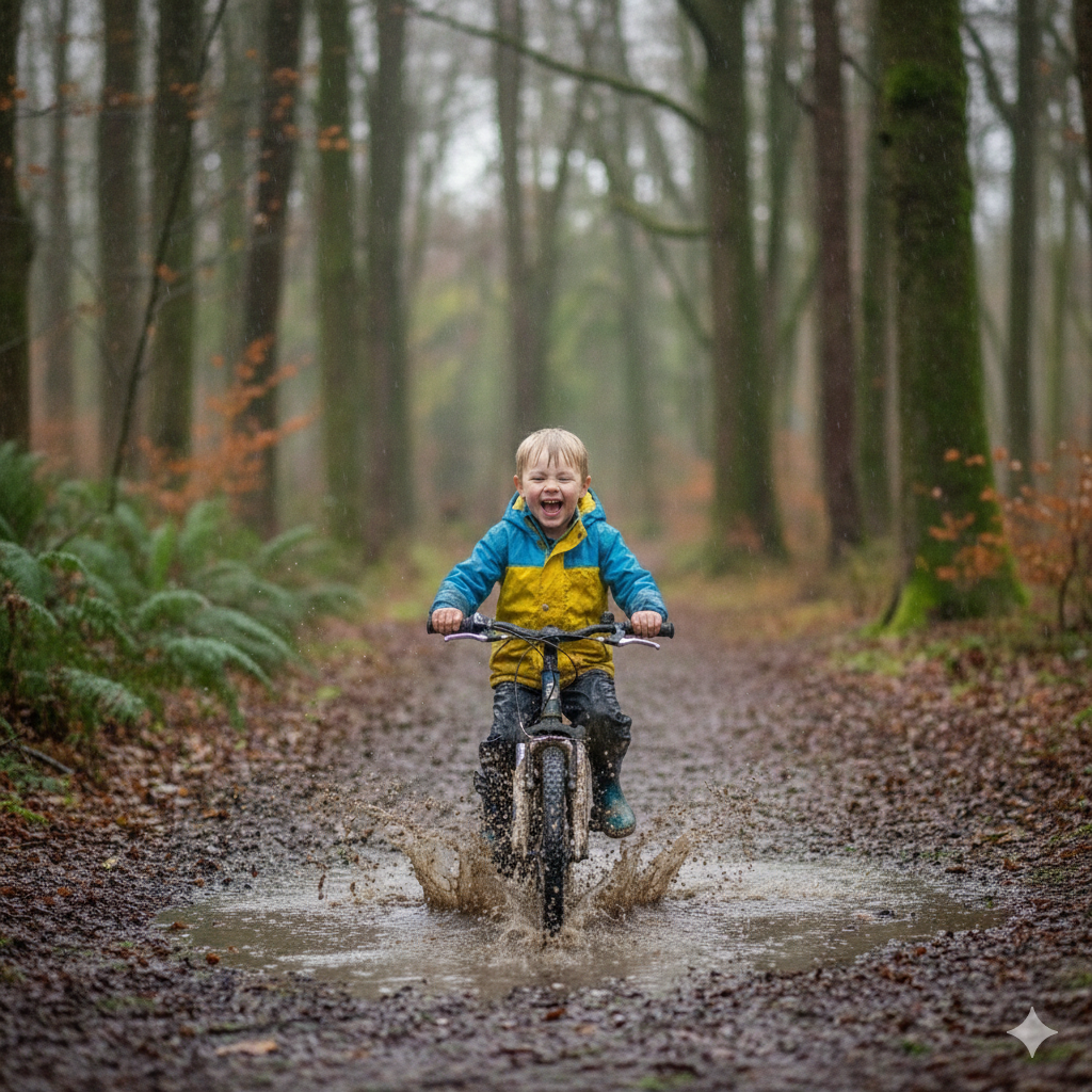 kid on bike in forest wearing waterproof trousers and waterproof jacket having fun in puddles