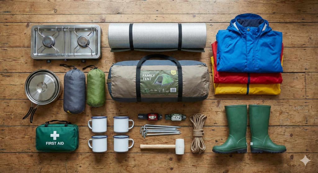 ready to go camping supplies laid out on old wooden floor, tent, wellies, waterproofs, mugs , first aid