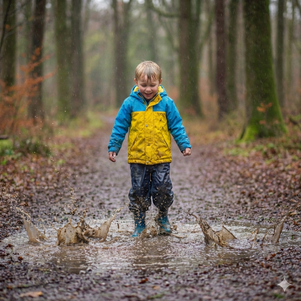 boy in waterproof trousers having fun in the rain wearing waterproof jacket in a forest

