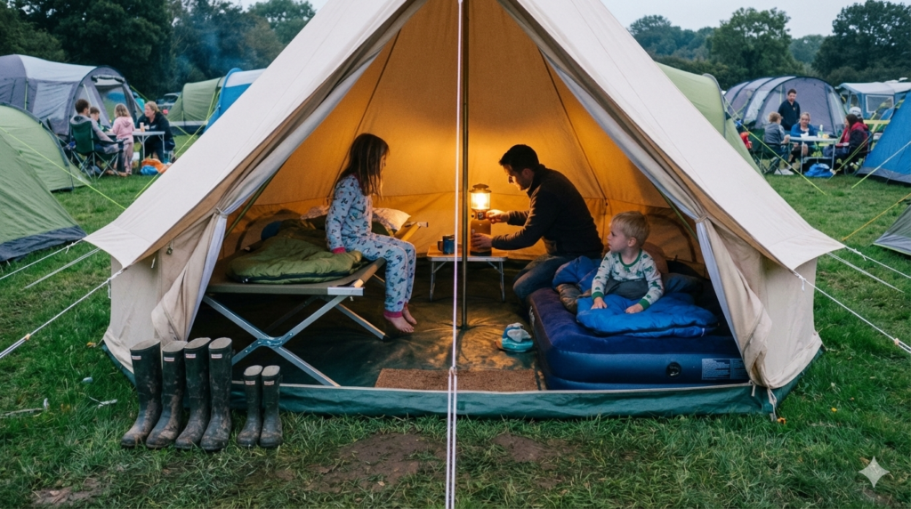 A wide, landscape-style image showing a UK family campsite at dusk. Inside a large family tent, two children are settling into separate camping beds — one raised folding camp bed and one inflatable airbed — with sleeping bags neatly laid out. A parent is calmly adjusting a torch or lantern nearby, creating a warm, reassuring glow inside the tent. Outside the tent entrance, damp grass and wellies suggest typical British camping conditions. The scene feels organised, realistic and relaxed, showing a comfortable bedtime setup rather than an adventurous or luxury camping scene.