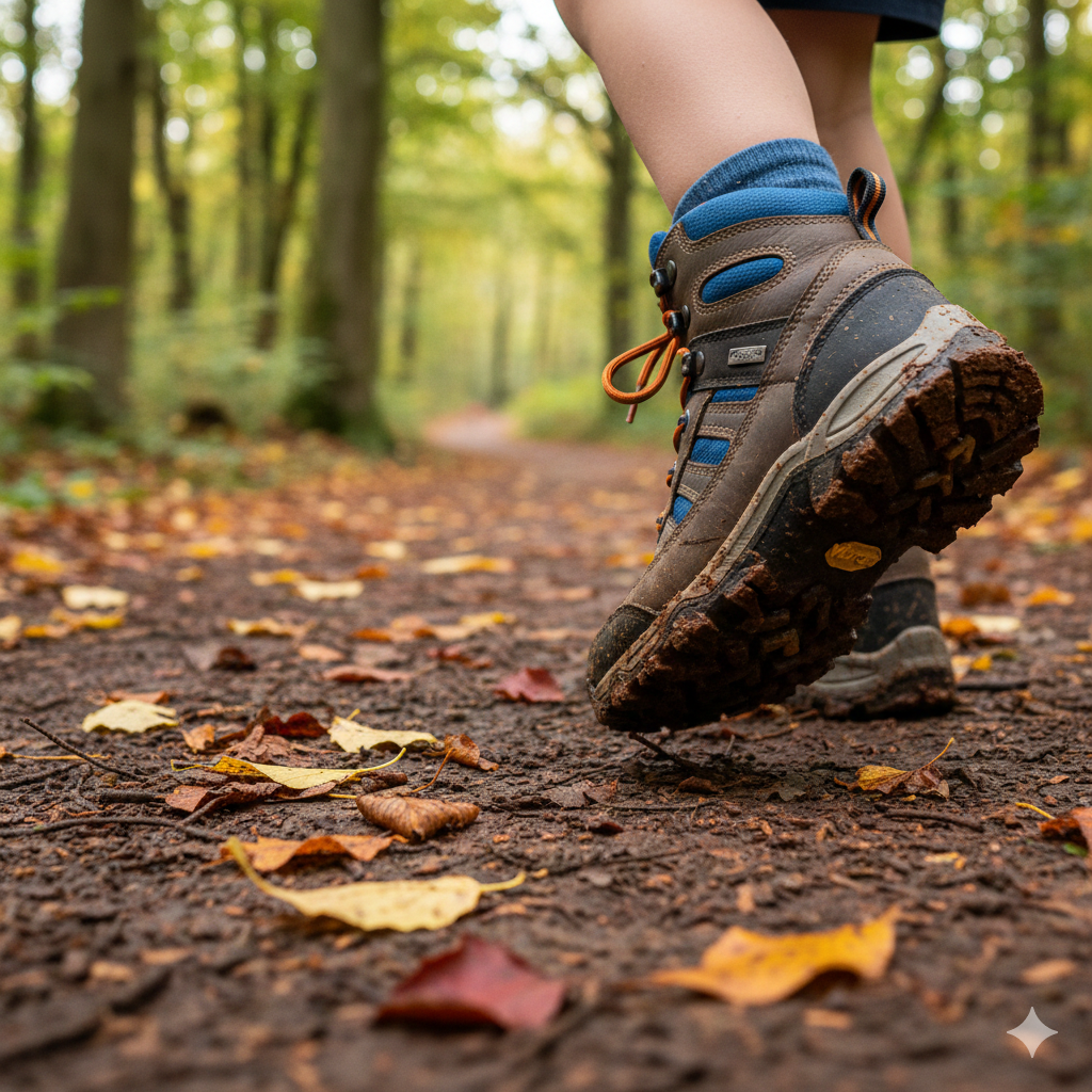 A close-up shot of a child's feet in well-fitting, sturdy walking boots, standing on a muddy but scenic trail with some autumn leaves. The focus should be on the boots and the immediate ground, conveying adventure and practicality.