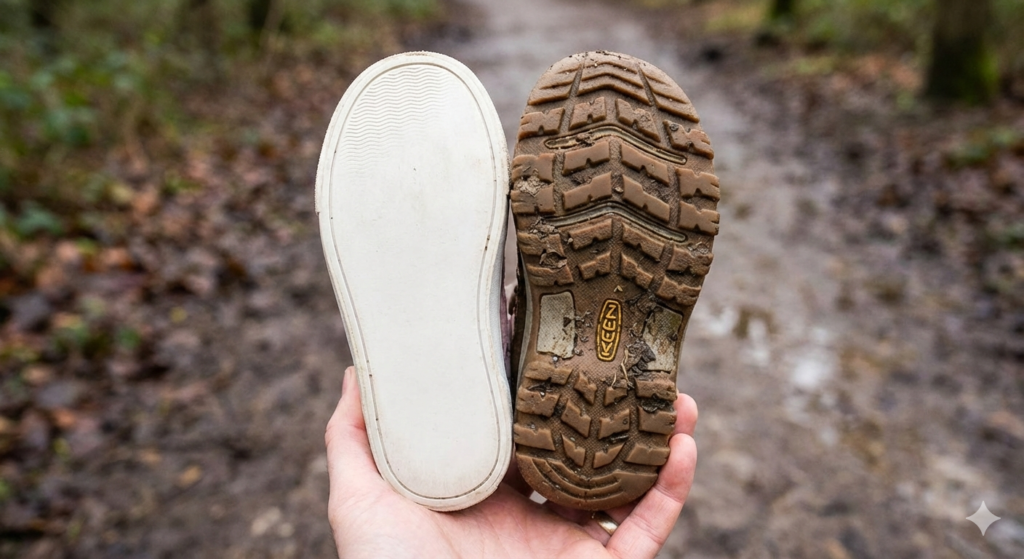 soles of 2 shoes, 1 with lots of tread one without