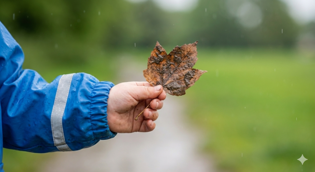 "product detail" perspective. The close-up of the child's hand holding a muddy leaf showcases the jacket's durable design and practical features, such as the elasticated cuff and reflective strip. It's a subtle but effective way to highlight the jacket's quality and suitability for outdoor adventures.