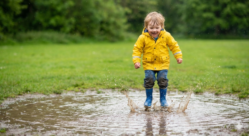 The child is gleefully splashing in a muddy puddle, a common sight in the UK, and their bright yellow jacket is a testament to its ability to keep them dry and happy.