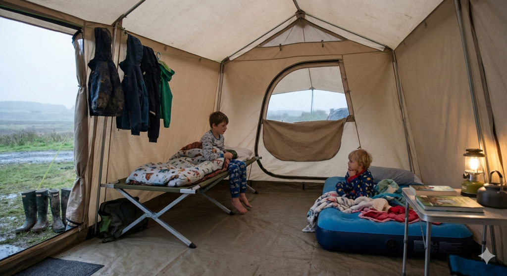 A realistic UK family camping scene inside a spacious family tent. Two children are getting ready for bed on separate camping beds — one on a raised folding camp bed and one on a child-sized inflatable airbed — both with sleeping bags and pillows. Soft evening light filters through the tent fabric, with wellies and coats neatly placed near the entrance. The setting feels calm, practical, and cosy rather than adventurous, showing a typical weekend camping setup for UK families. The focus is on comfort and bedtime routine, not luxury or survival, with natural colours and an overcast outdoor backdrop visible through the tent doorway.