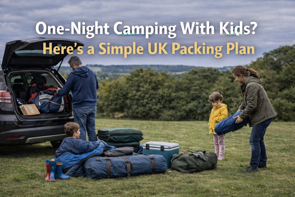 Family packing camping gear into a car on a UK campsite lawn for a one-night trip, with sleeping bags, cool box and tent bags visible, and overlaid text about a simple UK packing plan for camping with kids.