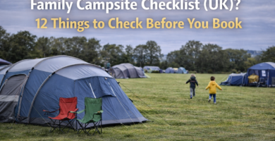 Spacious family campsite in the UK with tents set up on flat grass pitches and children playing nearby, featuring text about checking key things before booking a campsite.