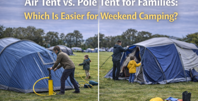 Side-by-side comparison of a family setting up an air tent and a pole tent at a UK campsite, with overlaid text asking which is easier for weekend camping.