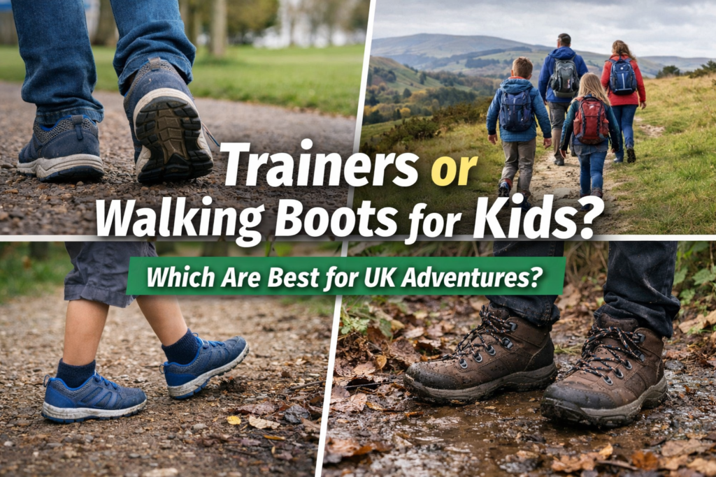 Children wearing trainers on a park path compared with kids in walking boots on a muddy UK countryside trail