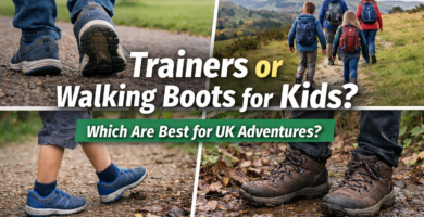 Children wearing trainers on a park path compared with kids in walking boots on a muddy UK countryside trail