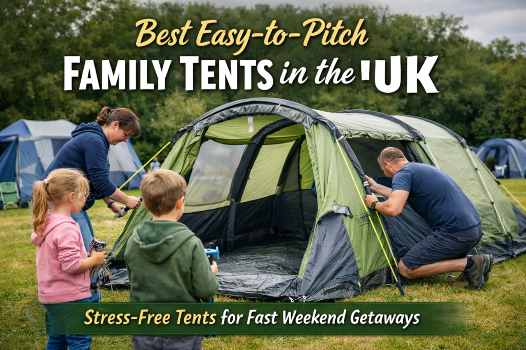 Family setting up an easy-to-pitch tunnel tent at a UK campsite with children helping, featuring headline about stress-free weekend camping tents.