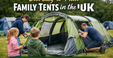 Family setting up an easy-to-pitch tunnel tent at a UK campsite with children helping, featuring headline about stress-free weekend camping tents.