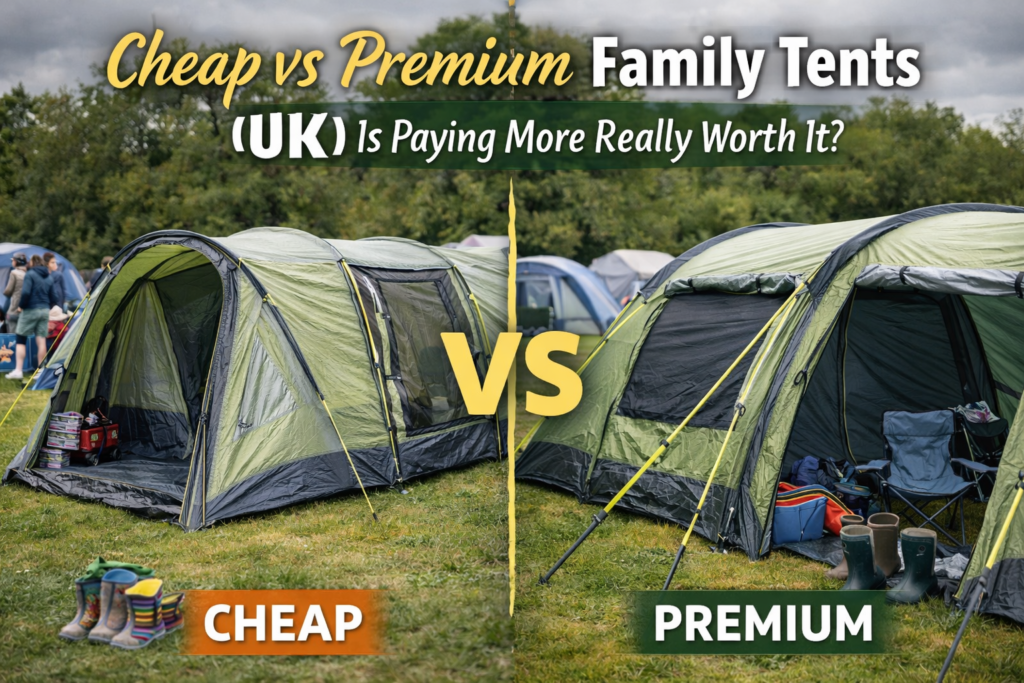 Side-by-side comparison of a budget and premium family tent at a UK campsite, with headline text asking whether paying more is really worth it.