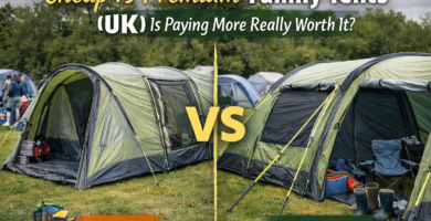 Side-by-side comparison of a budget and premium family tent at a UK campsite, with headline text asking whether paying more is really worth it.