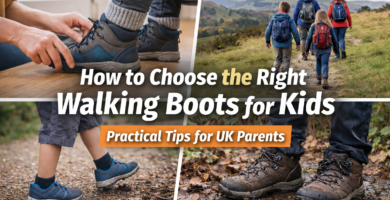 Parent fitting walking boots for a child alongside family walking on a UK countryside trail in waterproof boots