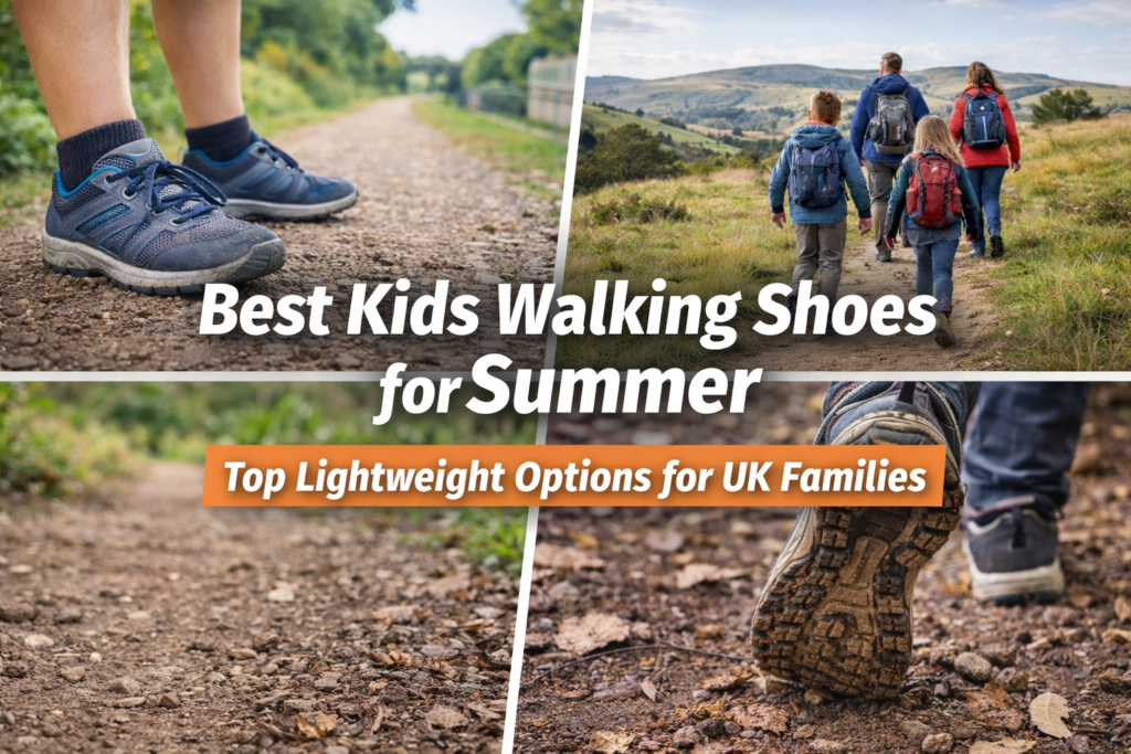 Child wearing lightweight summer walking shoes on a UK gravel trail with family countryside walk in background