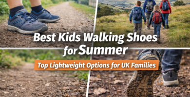 Child wearing lightweight summer walking shoes on a UK gravel trail with family countryside walk in background