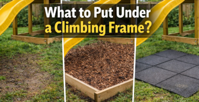 Climbing frame in a UK garden showing grass, bark and rubber mat surfacing options underneath