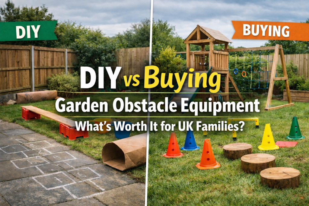 Split comparison of DIY and bought garden obstacle equipment in a typical UK family garden