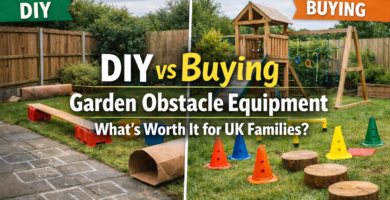 Split comparison of DIY and bought garden obstacle equipment in a typical UK family garden