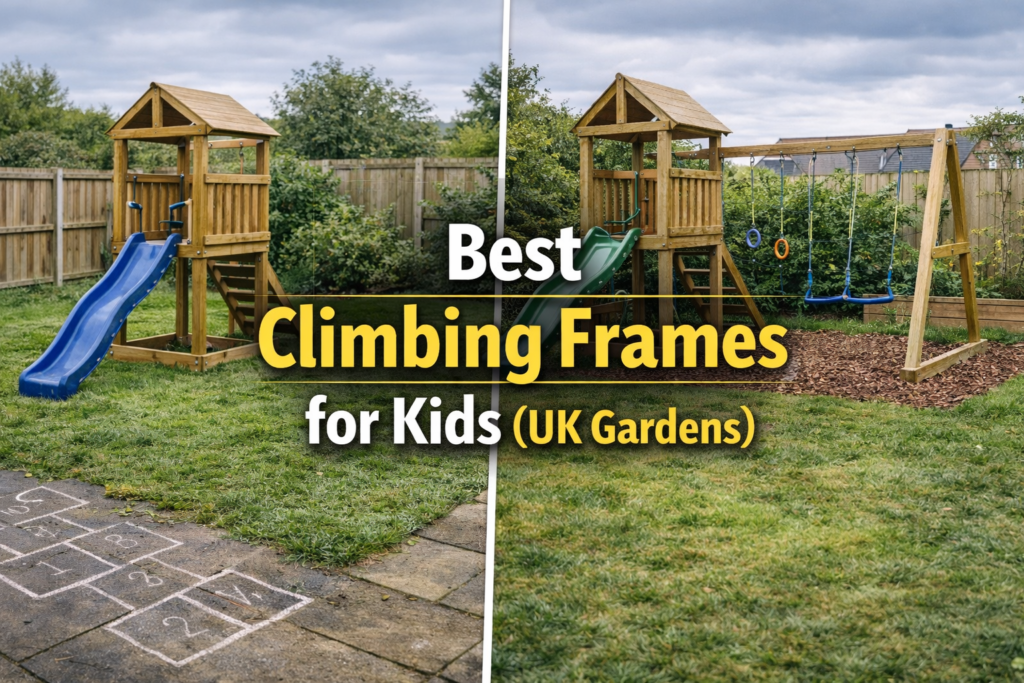Wooden climbing frames in small and larger UK family gardens showing space and layout differences