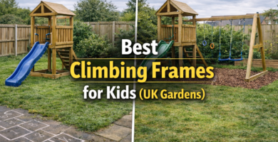 Wooden climbing frames in small and larger UK family gardens showing space and layout differences
