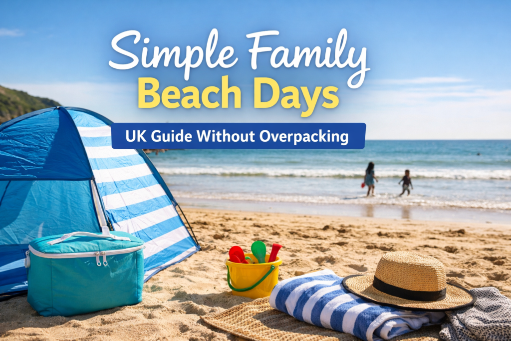 Family beach setup in the UK with pop-up shelter, cooler bag and children playing by the sea on a sunny day
