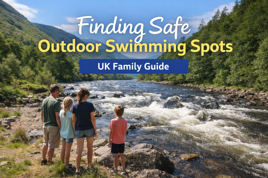 Family assessing fast-flowing Scottish river on a summer day while learning how to choose safe outdoor swimming spots in the UK